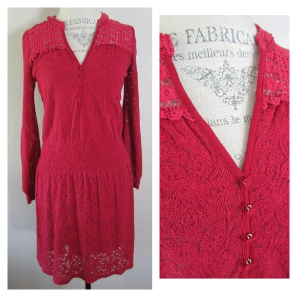 LEIFNOTES S Red Lace Field Day Peasant Dress Lined Long Sleeve - Picture 1 of 12